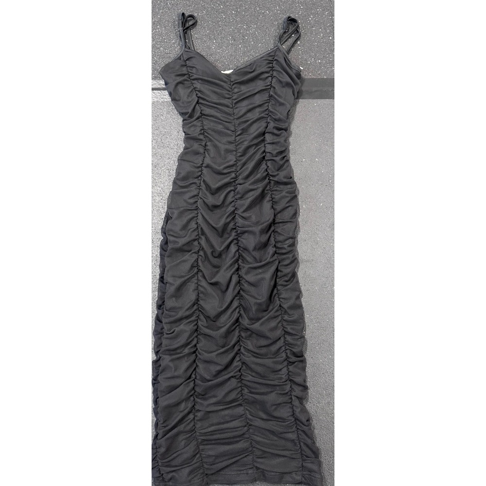 Rolla Coster Womens Black Ruched Mesh Bodycon Midi Dress V-Neck Size S